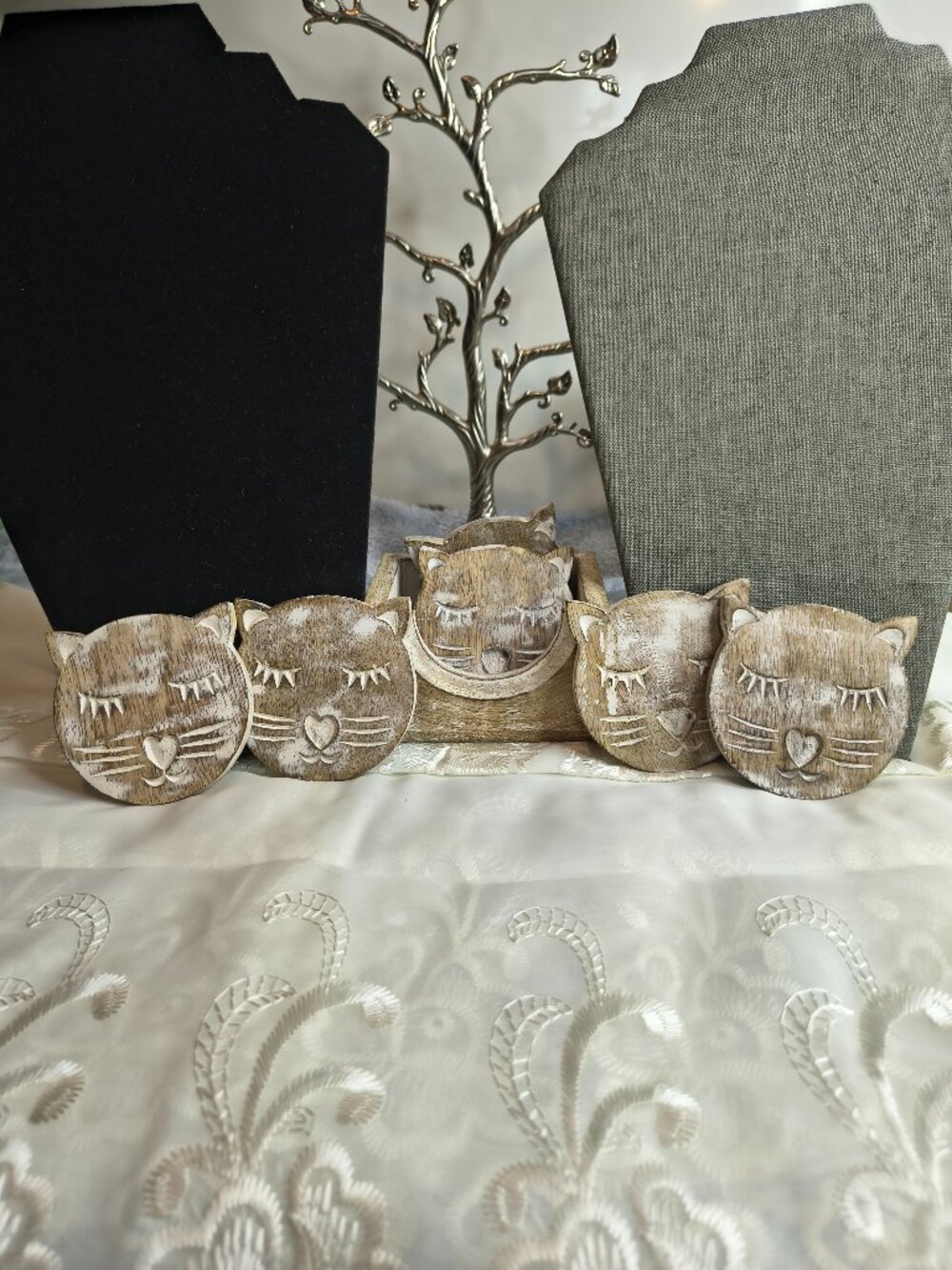 Set of 6 Distressed Wood Cat Coasters